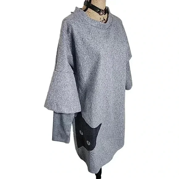 ORDER Plus Cat Print Oversized wool felt dress. Size Large - Picture 2 of 8